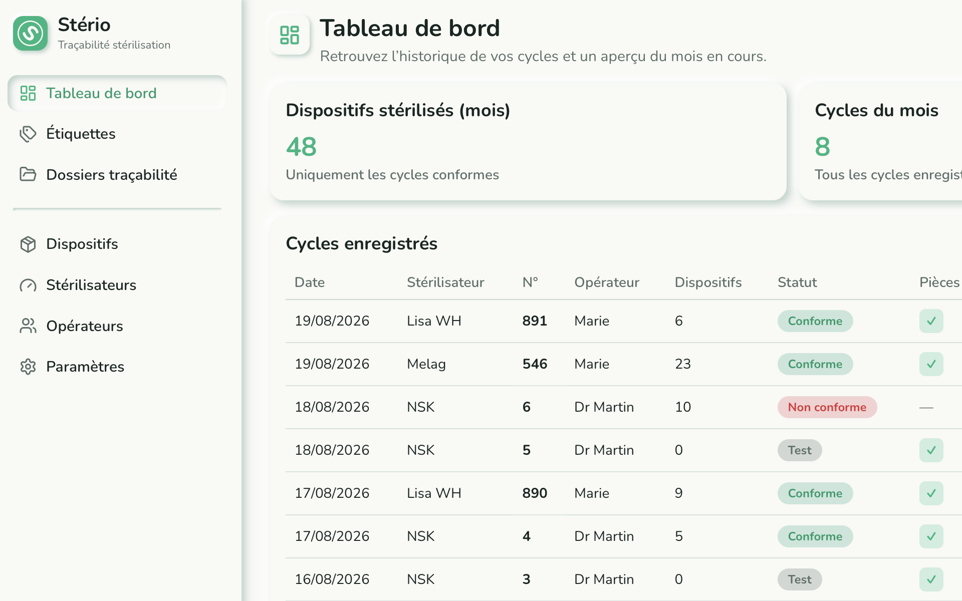 Tableau de bord Stério : suivi des cycles de stérilisation, dispositifs tracés et rapports PDF